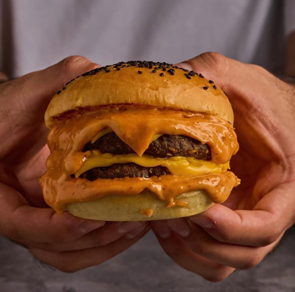 hamburguesa doble con queso derretido y pan brioche