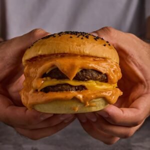 hamburguesa doble con queso derretido y pan brioche